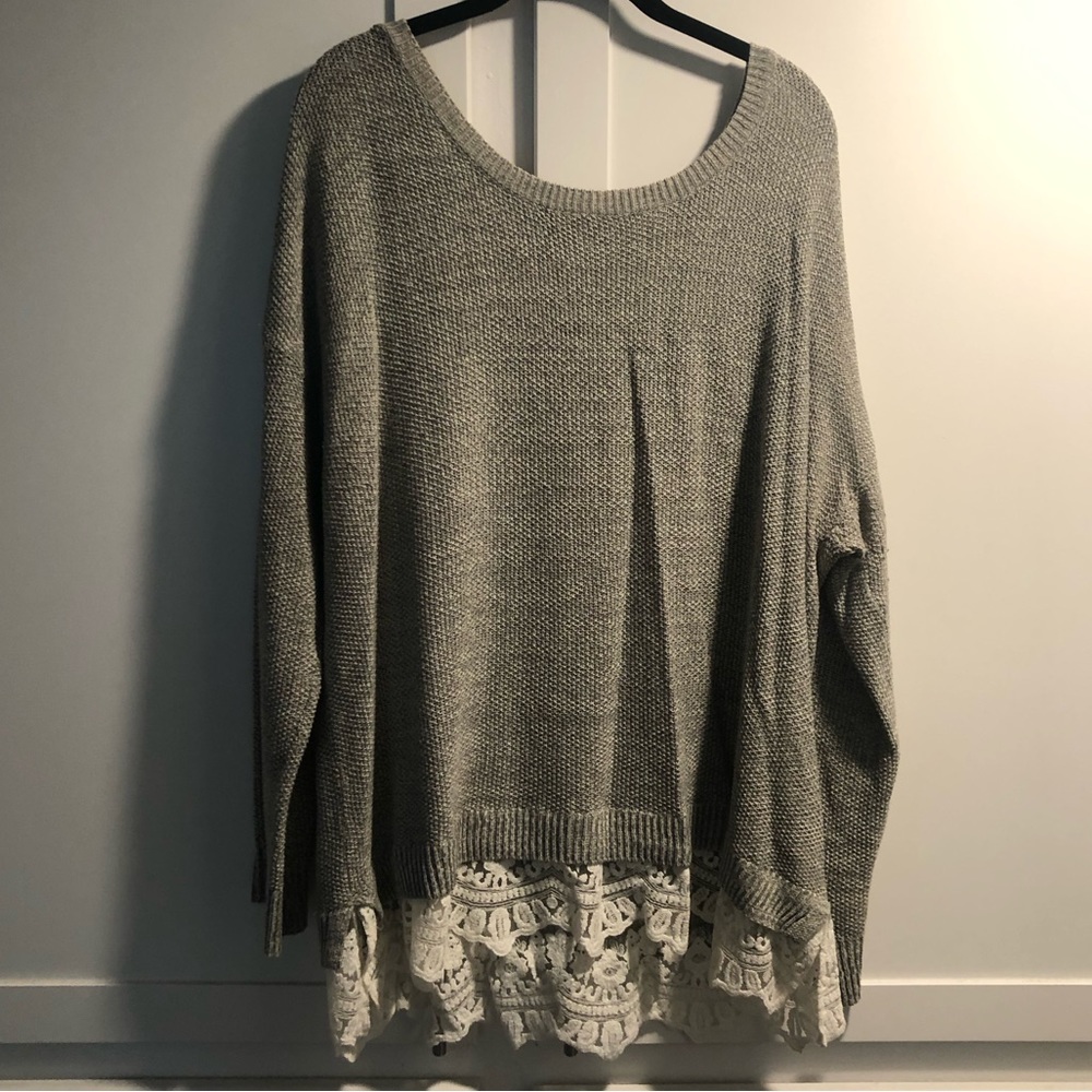 Grey knit sweater with lace detail